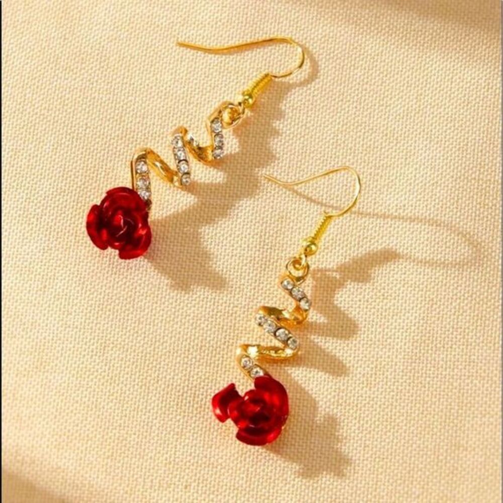 Belle Rose Elegant Faux Gold & Diamond Spiral Drop Earrings